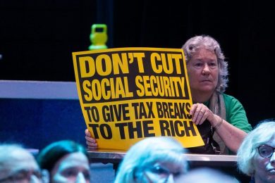 People listen during a town hall on Social Security hosted by the Leon County Democrats with former Commissioner of Social Security Administration Martin O'Malley speaking May 9, 2025. Mishalynn Brown/Tallahassee Democrat / USA TODAY NETWORK via Imagn Imag