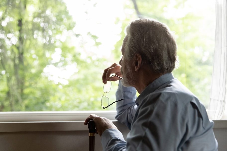 Retirement,Problem.,Pensive,Old,Man,Nursing,Home,Patient,Sit,By